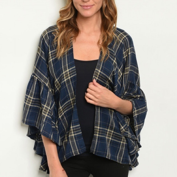 💕 Ruffled Sleeve Plaid Cardigan - Picture 2 of 6